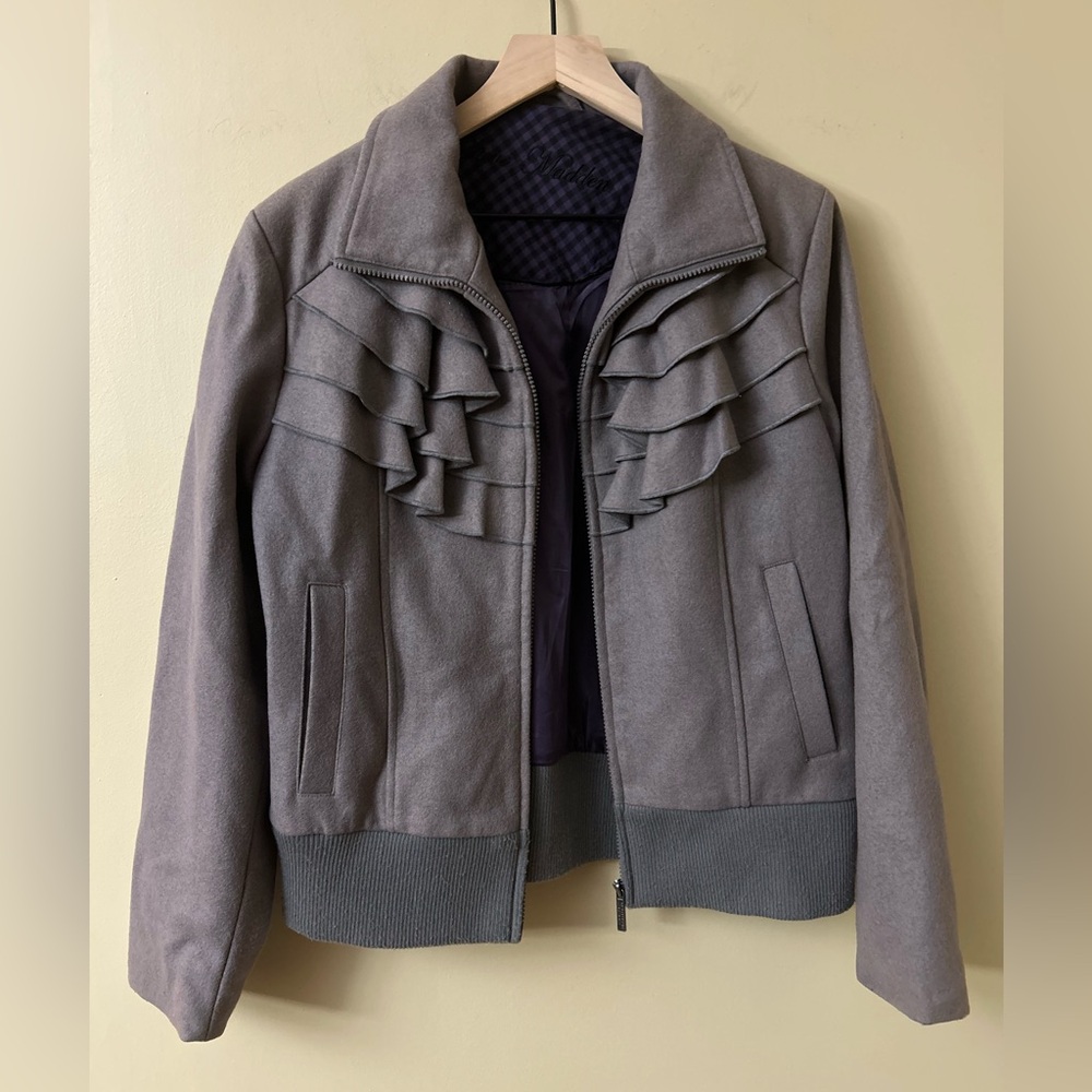 New Steve Madden Purple Wool Blend Ruffled Front Bomber Jacket Size XL